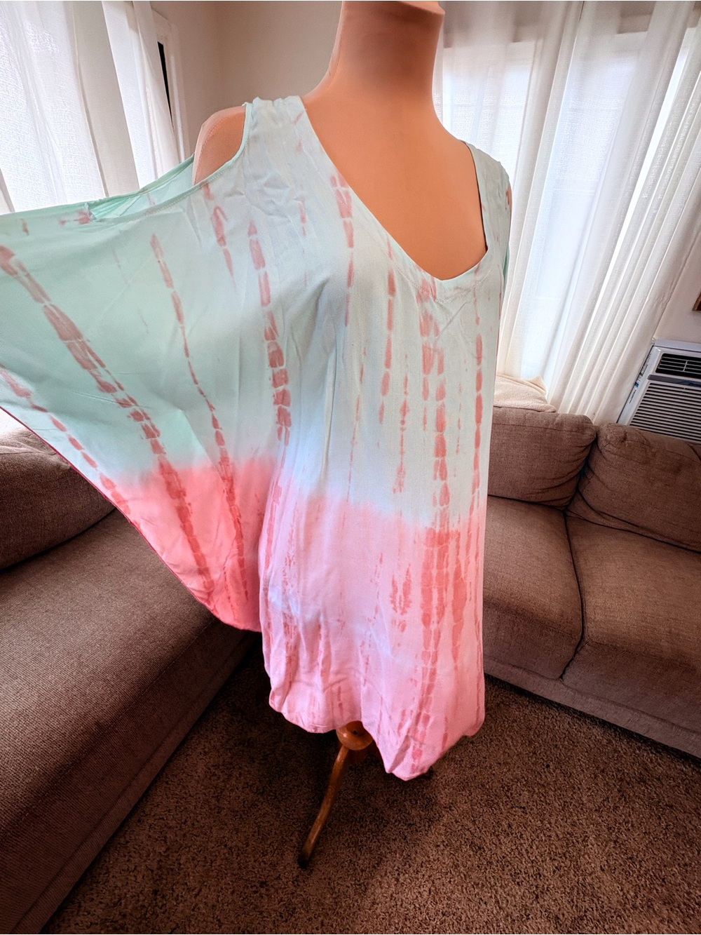 NaPua Collection Mint and Coral Tie-Dye V-Neck Top Cold shoulder dress top - Picture 3 of 7